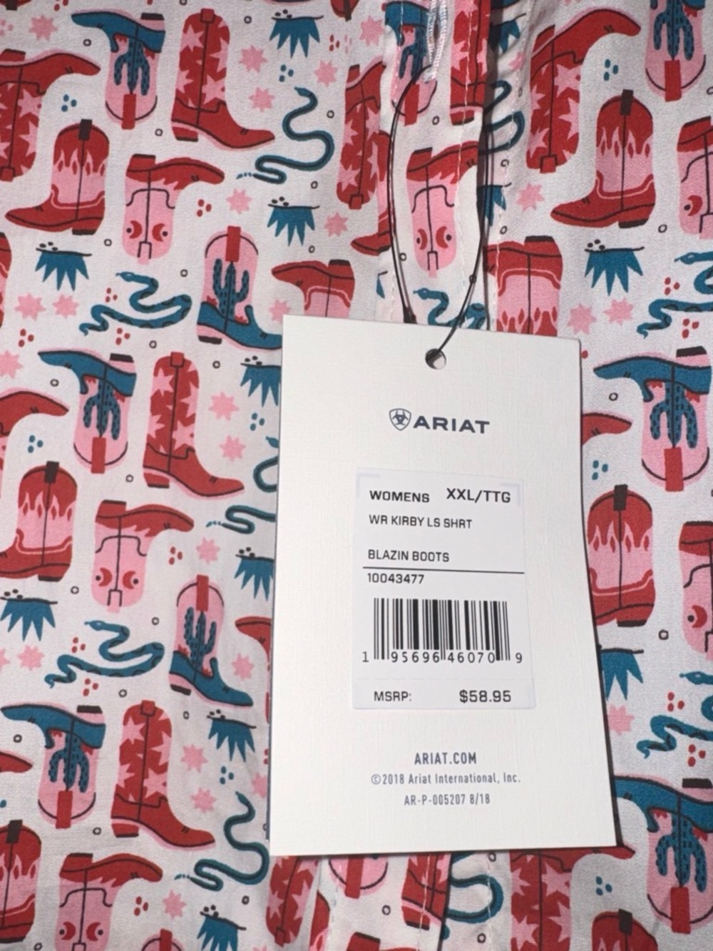 Ariat White Button-Down Shirt with Red and Teal Boot Print - Picture 2 of 7